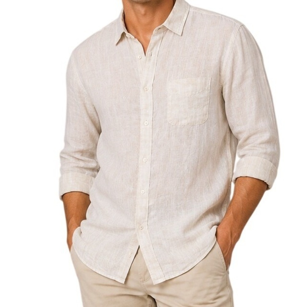 Jos A Bank Beige Stripe 100% Linen Button Down Shirt Men's Large